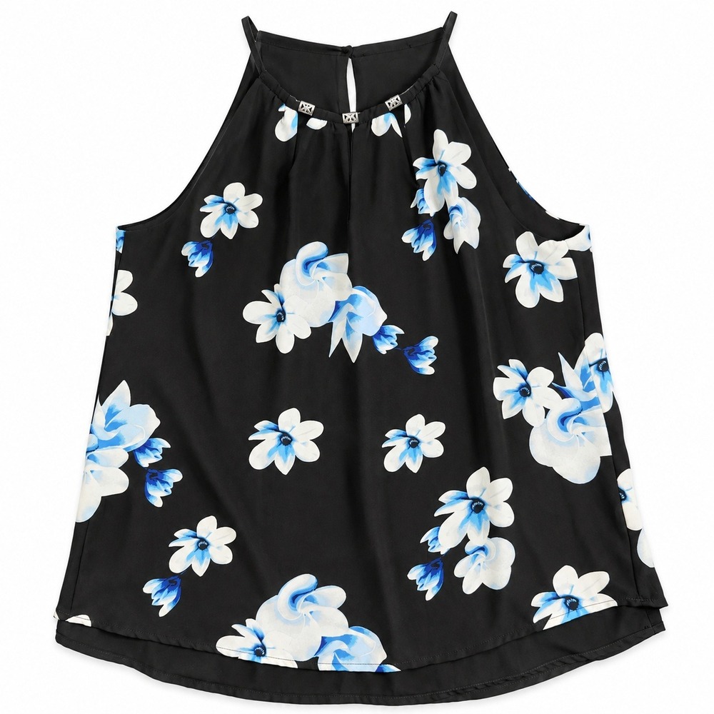 Kasper Floral Halter Top Womens Small Black Blue Sleeveless Keyhole Blouse